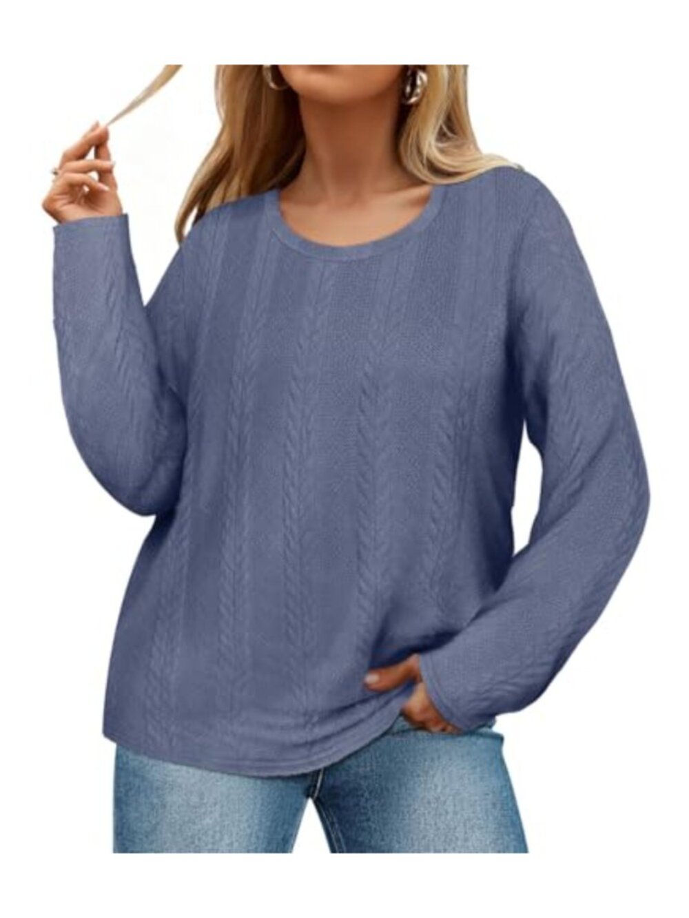 Plus Size Cable Knit Pullover Sweater Long Sleeve Lightweight Top